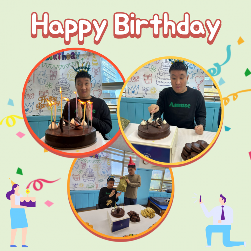연두색바탕에 위에는 Happy Birthday 문구가 있고, 이용자분이 촛불이 켜있는 케익앞 사진, 케익 커팅사진, 선물전달 사진이 있습니다.